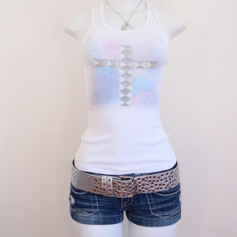 y2k galaxy studded cross tank white ribbed baby tee